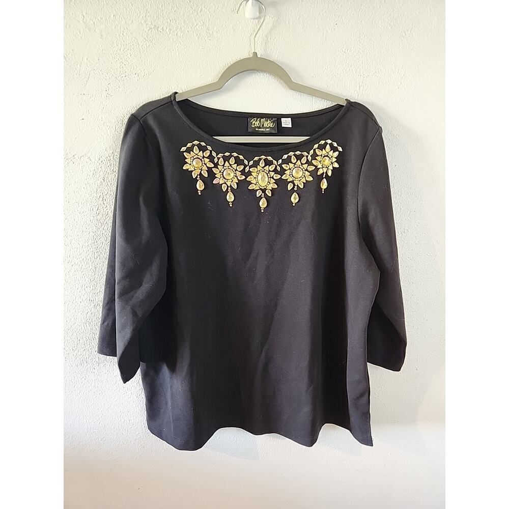 Bob Mackie Shirt Womens Large Black Rhinestone Bling Wearable Art Evening READ